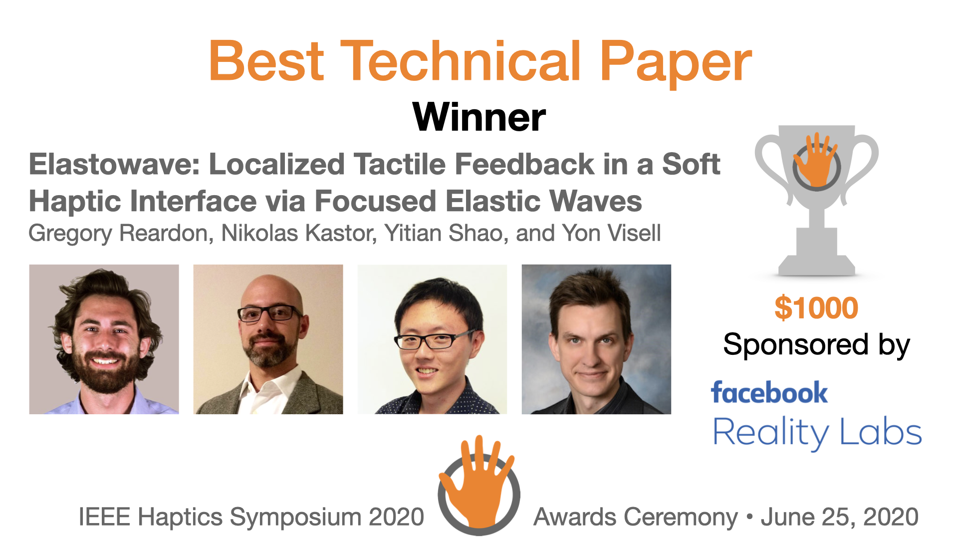An award slide featuring the authors and sponsor