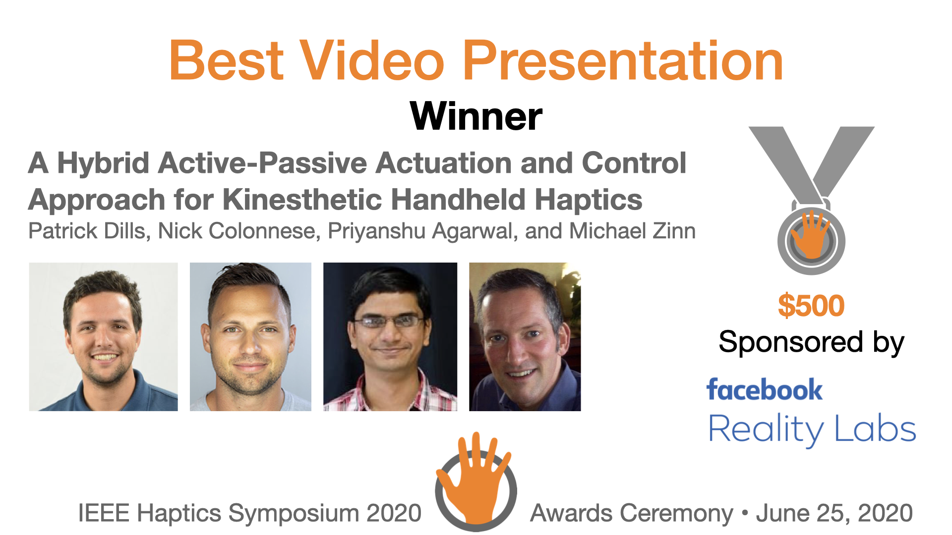 An award slide featuring the authors and sponsor
