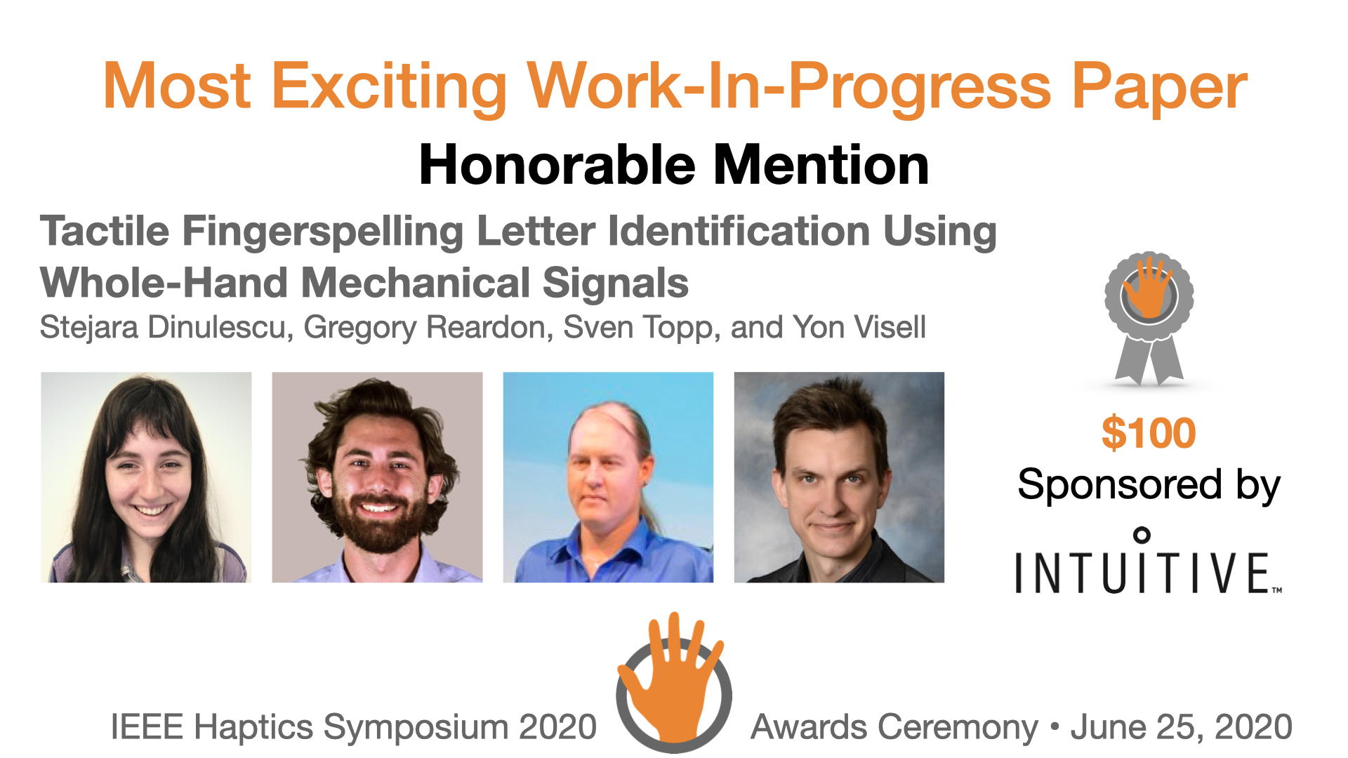 An award slide featuring the authors and sponsor