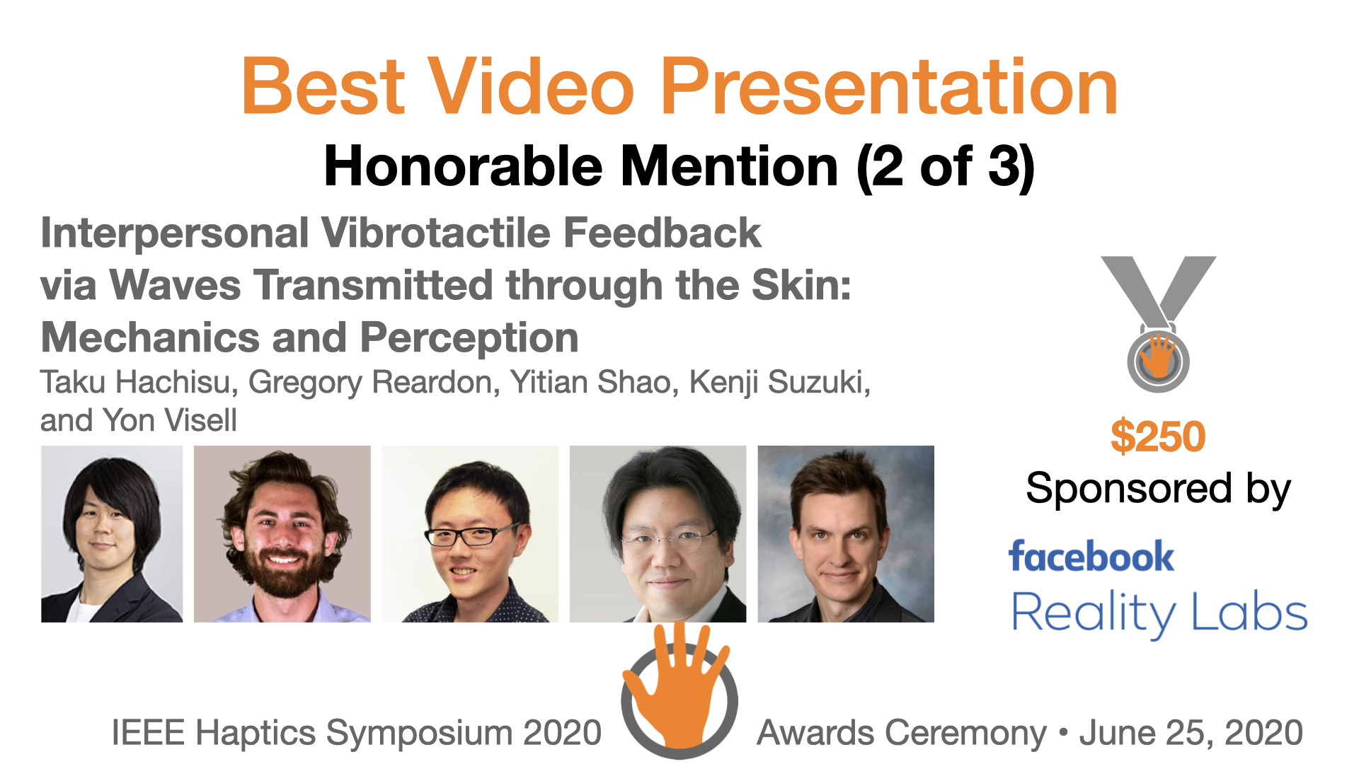 An award slide featuring the authors and sponsor