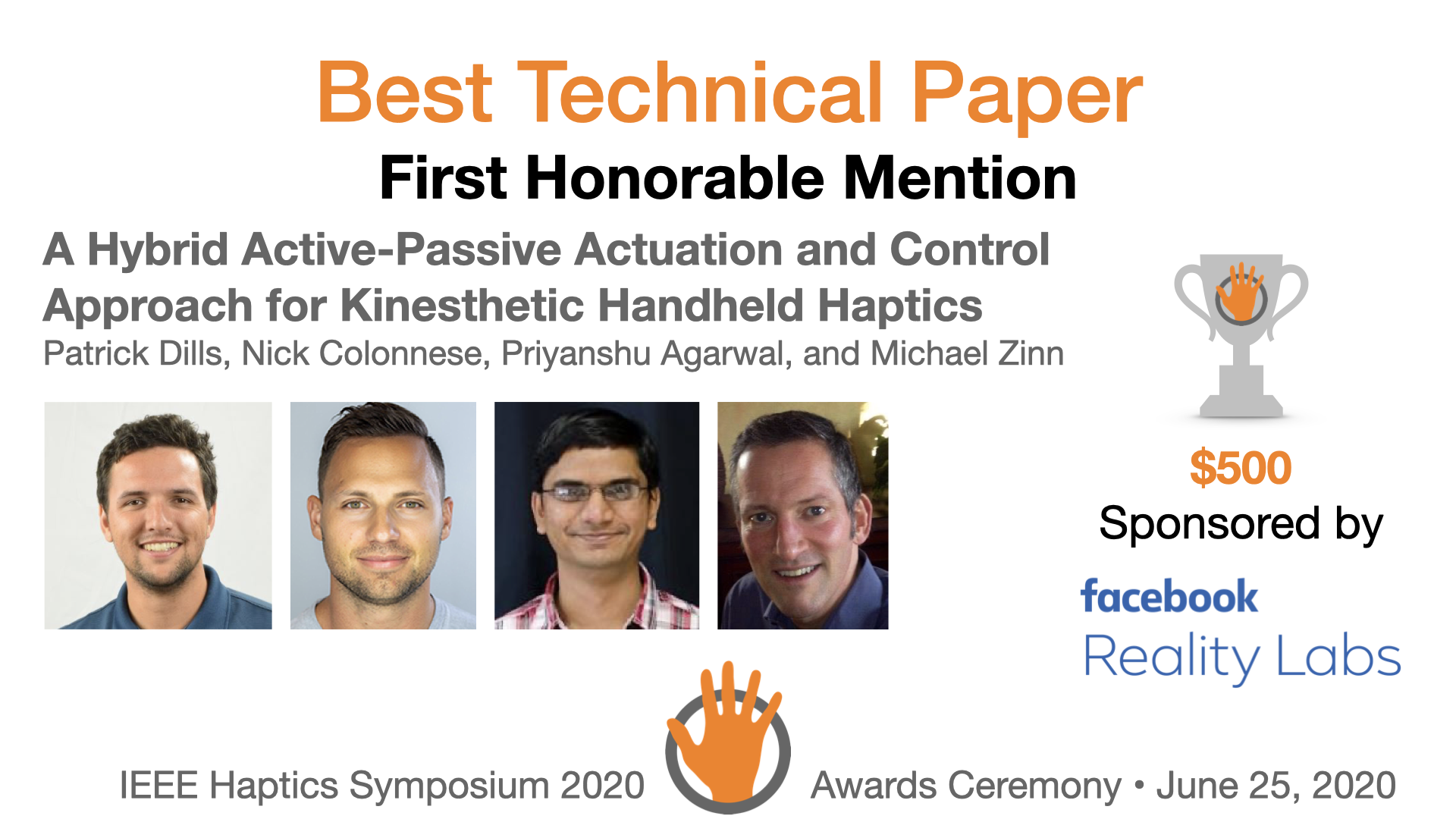An award slide featuring the authors and sponsor