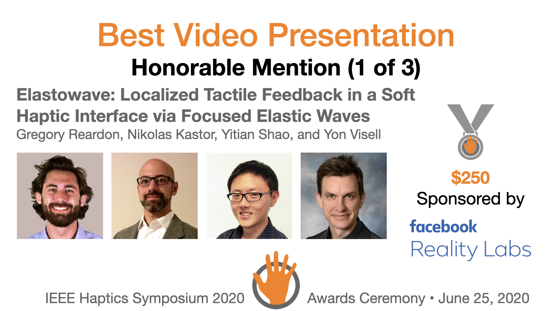 An award slide featuring the authors and sponsor