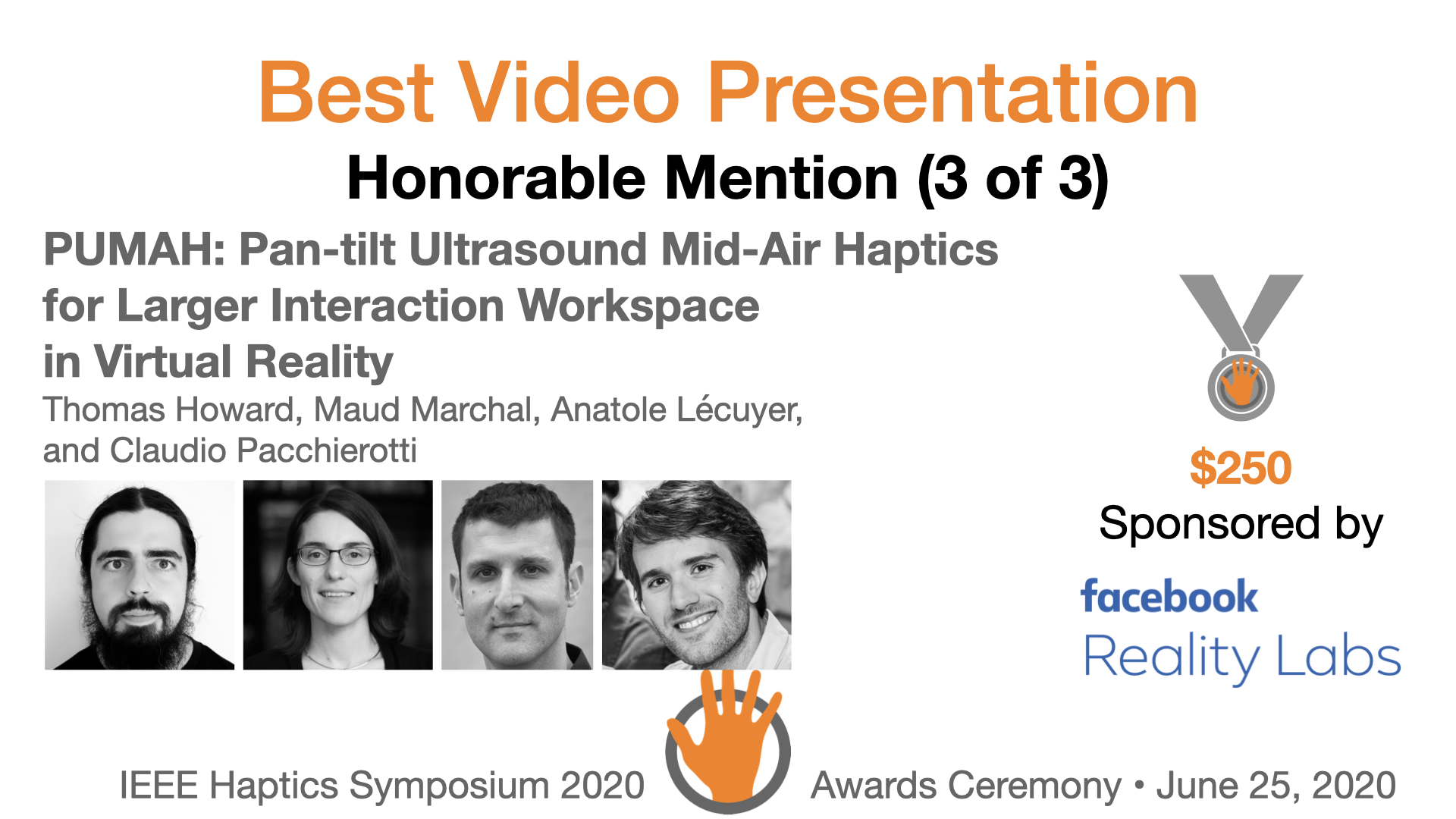 An award slide featuring the authors and sponsor
