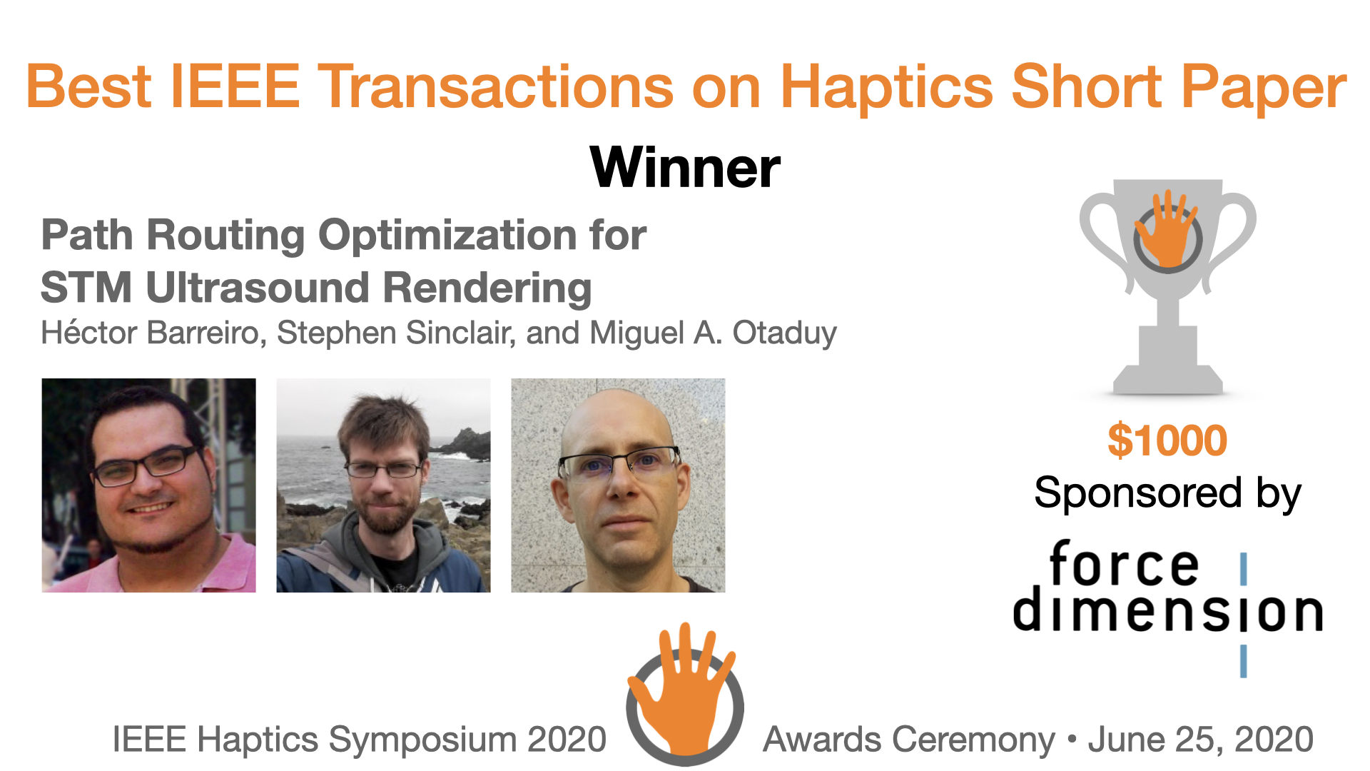 An award slide featuring the authors and sponsor