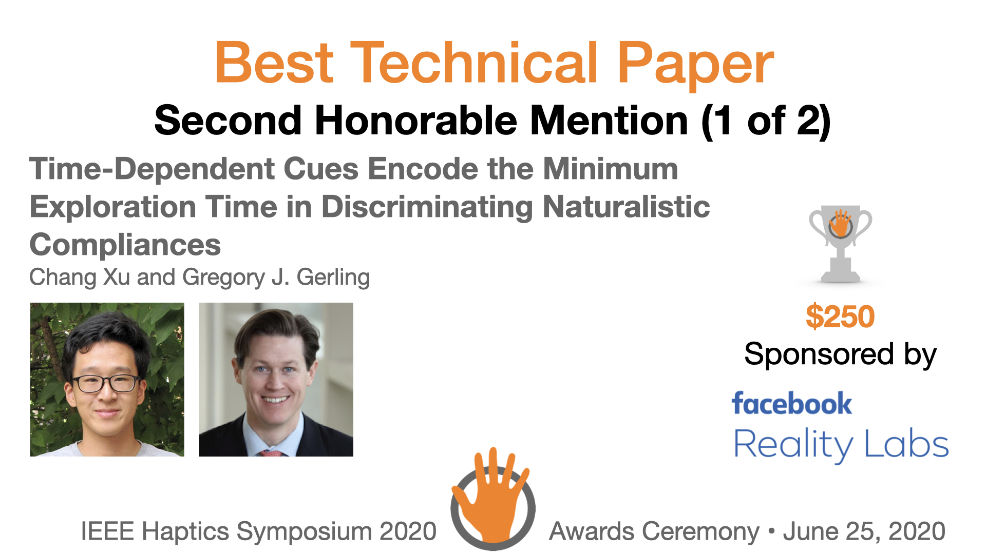 An award slide featuring the authors and sponsor
