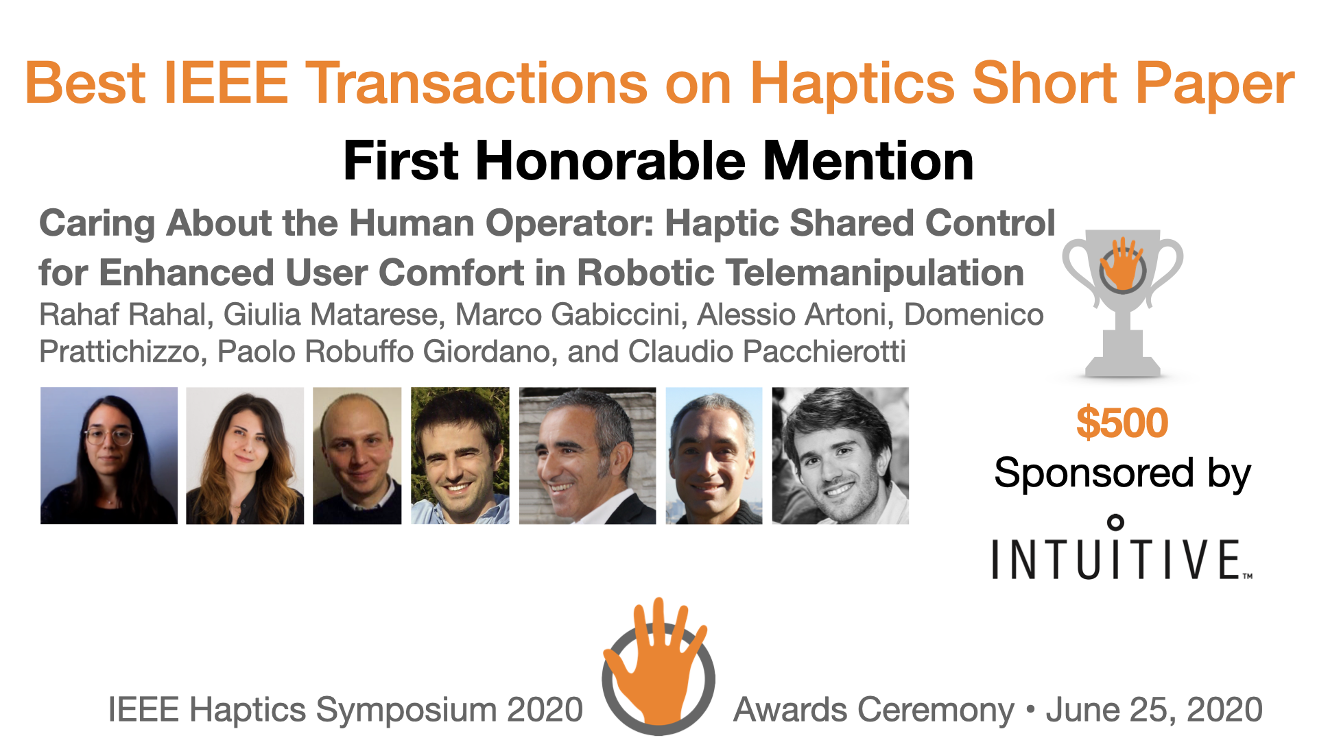 An award slide featuring the authors and sponsor