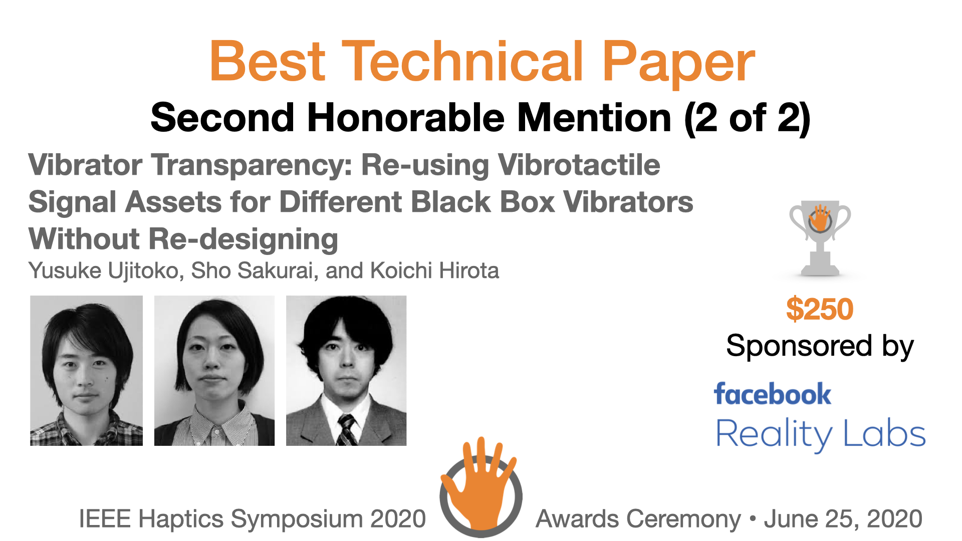 An award slide featuring the authors and sponsor